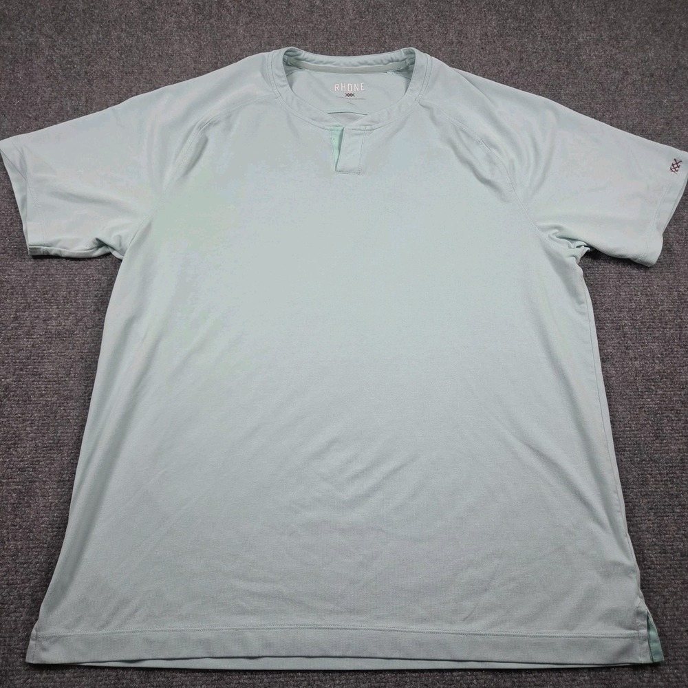 Mens Rhone Reign Performance T Shirt Green Size L Workout Stretch Split Neck